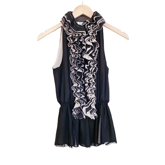 Robert Rodriguez blouse black chiffon lace overlay high ruffle collar peplum XS - Picture 3 of 8